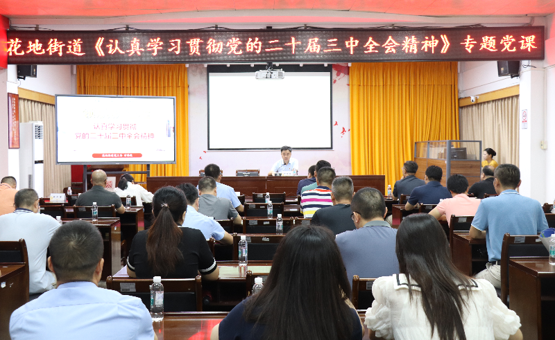 9月13日上午，花地街道召开《认真学习贯彻党的二十届三中全会精神》专题党课学习活动，街道党工委书记甘伟俊授课.png